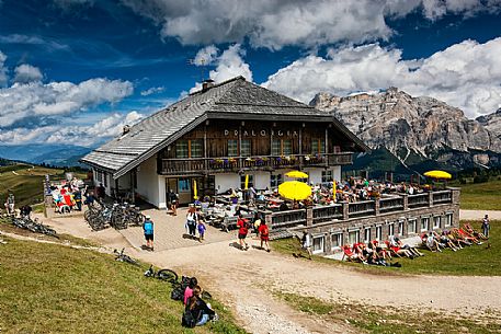 Tourists at Pralongią hut, Badia Valley, South Tyrol, Dolomites, Italy Tourists at Pralongią hut, Badia Valley, South Tyrol, Dolomites, Italy