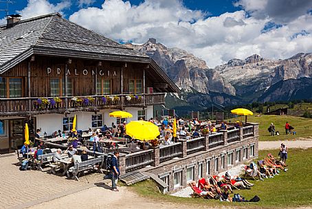 Tourists at Pralongi hut, Badia Valley, South Tyrol, Dolomites, Italy
