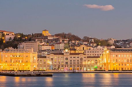 Piazza Unità d'Italia and Molo Audace, view from the sea of Trieste, Italy Piazza Unità d'Italia and Molo Audace, view from the sea of Trieste, Italy