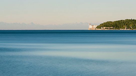 Miramare castle, in the backgrund the Julian Alps, Trieste, Italy