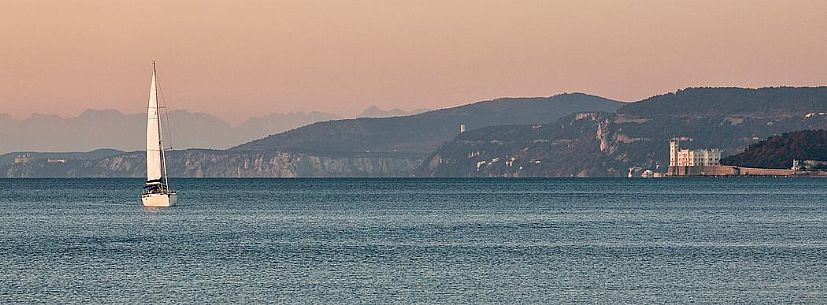 Miramare castle, in the backgrund the Julian Alps, Trieste, Italy