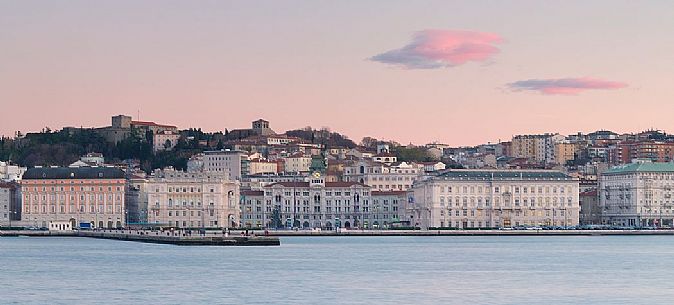 Piazza Unit d'Italia and the Molo Audace, view from the sea of Trieste, Italy