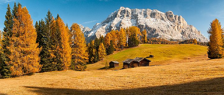 Prati dell'Armentara alpine meadows with barns in autumn, Sasso della Croce mountain group in background, South Tyrol, Dolomites, Italy
 