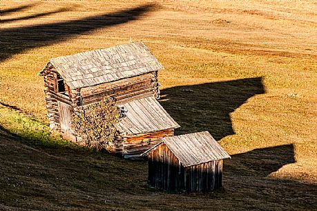 Huts to the Armentara meadows in autumn, Badia Valley, dolomites, Italy