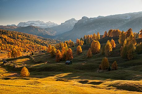 Prati dell'Armentara alpine meadows with barns in autumn, South Tyrol, Dolomites, Italy, Parco Naturale Fanes Senes Braies Prati dell'Armentara alpine meadows with barns in autumn, South Tyrol, Dolomites, Italy, Parco Naturale Fanes Senes Braies