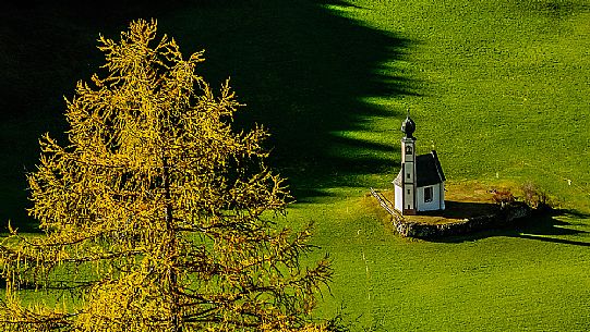 Santa Maddalena fourteenth century church, Val di Funes, dolomites, Italy