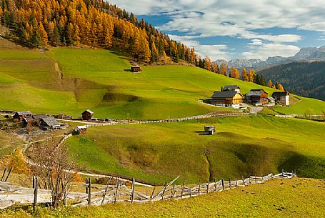 Longiarù alpine meadows with farms and barns in autumn, South Tyrol, Dolomites, Italy, Valle dei Mulini, Badia Valley, Puez Odle Natural Park Longiarù alpine meadows with farms and barns in autumn, South Tyrol, Dolomites, Italy, Valle dei Mulini, Badia Valley, Puez Odle Natural Park