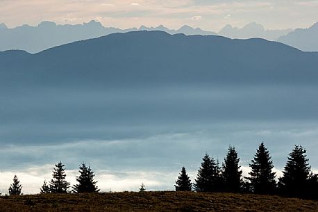 Sunrise on the Val di Non Valley shrouded in mist from the Peller hut, Cles, Brenta dolomites, Italy