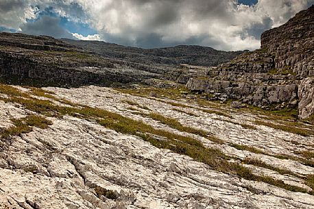 Furrowed rocks and Dolomites of Brenta from Grost pass, Madonna di Campiglio, Italy