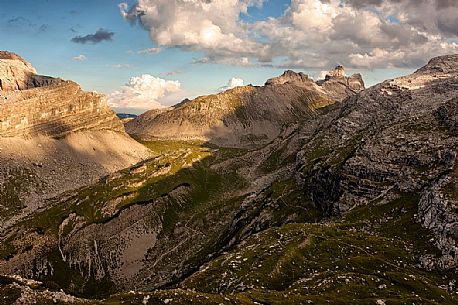 Sunrise to dolomites of Brenta from Grostè pass, Trentino, Italy Sunrise to dolomites of Brenta from Grostè pass, Trentino, Italy