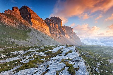Sunrise to dolomites of Brenta from Grost pass, Trentino, Italy