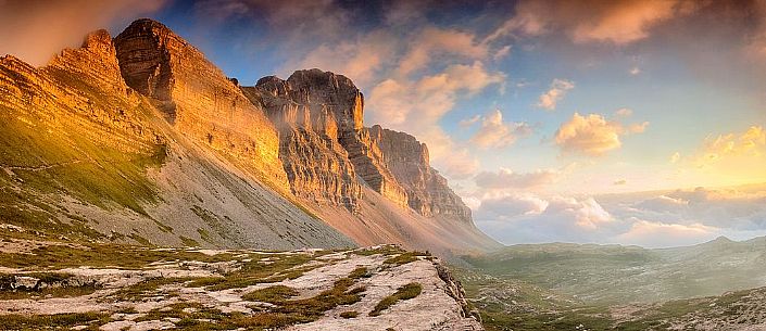 Sunrise to dolomites of Brenta from Grost pass, Trentino, Italy