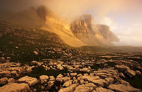 Sunrise to dolomites of Brenta from Grost pass, Trentino, Italy