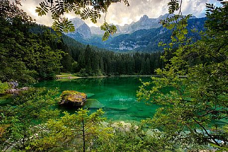 Tovel lake and the Brenta's dolomites, Val di Non, Trentino, Italy