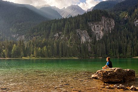 Boy looking Tovel lake and the Brenta's dolomites, Val di Non, Trentino, Italy