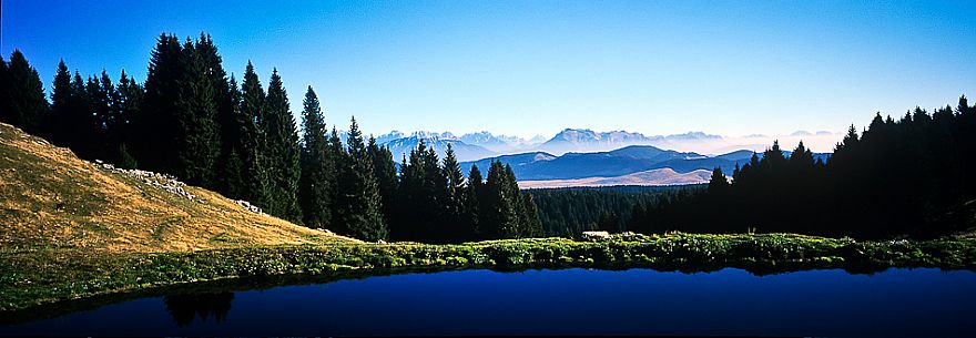 Lake at  Meletta di Gallio and in the background the dolomites, Asiago, Italy