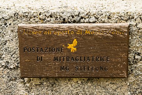 Sign at the open-air museum on the great war of Monte Zebio mountain, Asiago, Italy Sign at the open-air museum on the great war of Monte Zebio mountain, Asiago, Italy