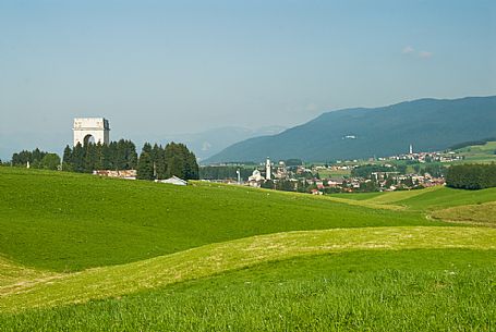 Asiago village and the Leiten monument, Asiago plateau, Veneto, Italy, Europe