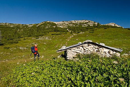 Hiker at the Ortigara shelter, Ortigara mountain, Asiago, Veneto, Italy, Europe Hiker at the Ortigara shelter, Ortigara mountain, Asiago, Veneto, Italy, Europe