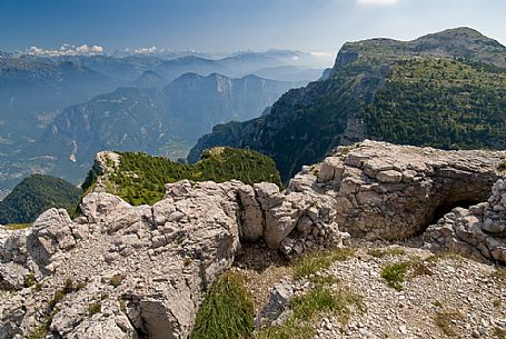 Trenches of war on Mount Ortigara and in the background the Valsugana, Asiago, Italy