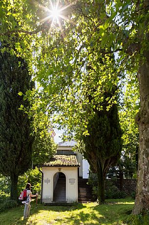 Tourist at sanctuary of the Madonna Addolorata di Merna,  Miren, Slovenia
