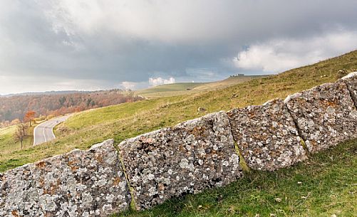 Ancient and typical dry stone wall in Lessinia, Prealps of Veneto, Verona, Italy