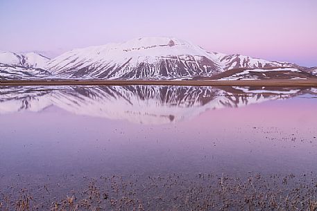 Thaw on the Pian Grande of Castelluccio di Norcia, in the background the Vettore mountain, Sibillini National Park