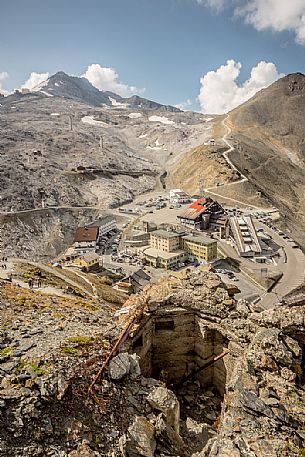 Overhead view of Stelvio pass and in the foreground the trenches of World War , Stelvio national park, Italy Overhead view of Stelvio pass and in the foreground the trenches of World War , Stelvio national park, Italy