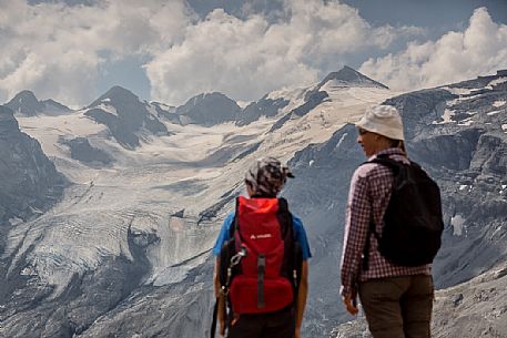 Hikers near Passo dello Stelvio pass and in the background the Stelvio glacier, Passo dello Stelvio national park, Italy Hikers near Passo dello Stelvio pass and in the background the Stelvio glacier, Passo dello Stelvio national park, Italy