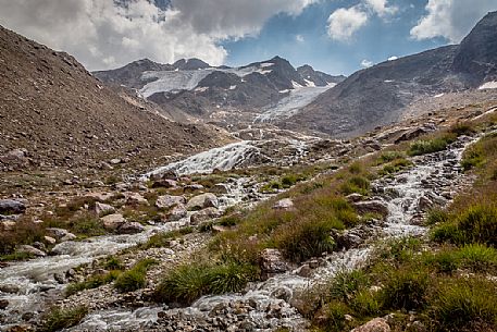 Along the glacier path of the Martello valley,, in the background the Vedretta Alta peak, Stelvio national park, Italy Along the glacier path of the Martello valley,, in the background the Vedretta Alta peak, Stelvio national park, Italy