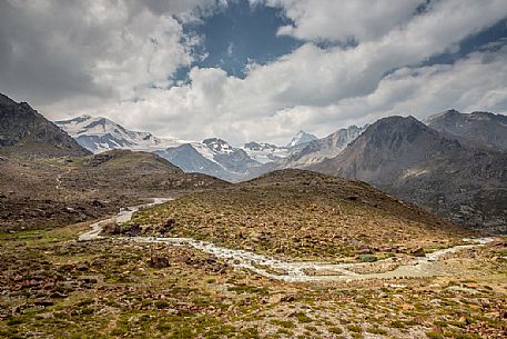 Along the glacier path of the Martello valley, in the background the Cevedale glacier and Gran Zebrù peak, Stelvio national park, Italy Along the glacier path of the Martello valley, in the background the Cevedale glacier and Gran Zebrù peak, Stelvio national park, Italy
