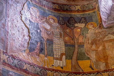 Ancient fresco in the Benedictine convent of Saint John (UNESCO world heritage site), in Monastery valley Mustair, Switzerland