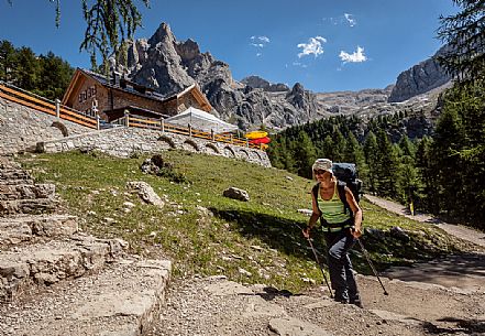 Hiker at Contrin hut, in the background the Marolada range, dolomites, Italy