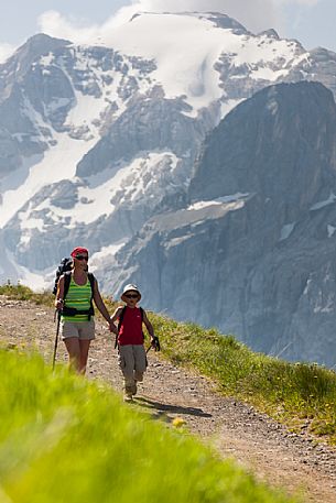 Hikers along the Viel del Pan path, in the background the Marmolada glacier, dolomites, Italy