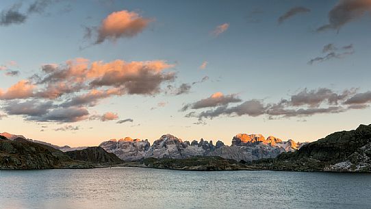 Brenta dolomites view from Lago Nero of Cornisello, Trentino, Italy