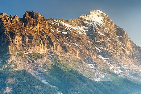 Sunset on Jungfrau mountain group and Eiger mount from Grindelwald village, Berner Oberland, Switzerland, Europe