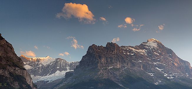 Sunset on Eiger and Fiescherhorn mountain in the Jungfrau mountain group from Grindelwald village, Berner Oberland, Switzerland, Europe