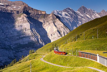 Typical swiss red train near Kleine Scheidegg station, Jungfraujoch Railway, Grindelwald, Switzerland, Europe Typical swiss red train near Kleine Scheidegg station, Jungfraujoch Railway, Grindelwald, Switzerland, Europe