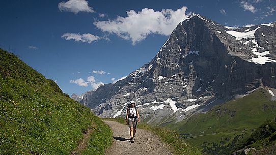 Hiker along the path from Mnnlichen to Kleine Scheidegg, in front of famous north face of Eiger mount, Grindelwald, Berner Oberland, Switzerland, Europe
 