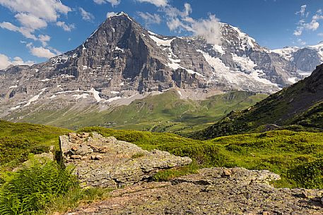 In front of the famous north face of Eiger mount and the Jungfrau mountain group, Mannlichen, Grindelwald, Berner Oberland, Switzerland, Europe
 