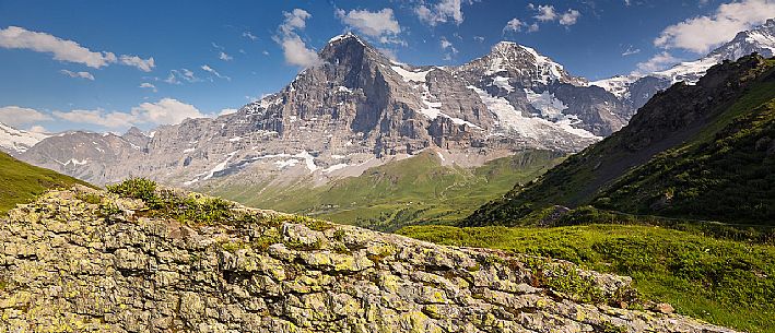 In front of the famous north face of Eiger mount and the Jungfrau mountain group, Mannlichen, Grindelwald, Berner Oberland, Switzerland, Europe
 