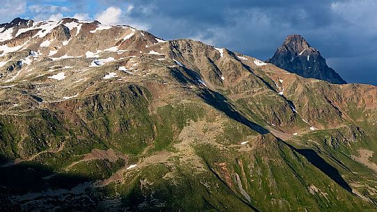 View from Bernina Pass towards Swiss National Park, Pontresina, Engadin, Canton of Grisons, Switzerland, Europe
 