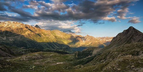 View from Bernina Pass towards Italian Alps and Swiss National Park, Pontresina, Engadin, Canton of Grisons, Switzerland
 