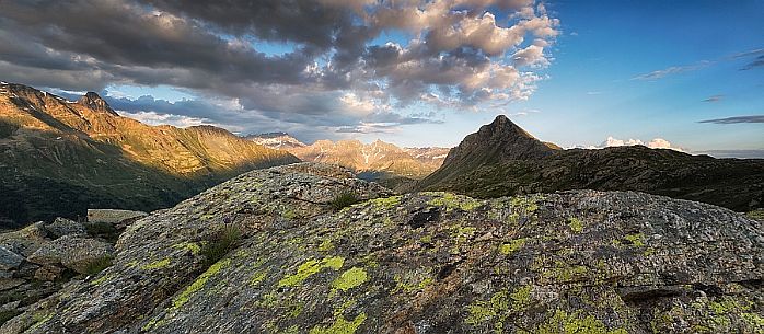 View from Bernina Pass towards Italian Alps and Swiss National Park, Pontresina, Engadin, Canton of Grisons, Switzerland
 