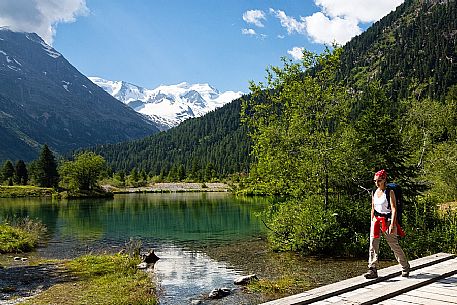 Hiking in Val Morteratsch valley towards Piz Bernina and Piz Argient mountain, Pontresina, Engadine, Canton of Grisons, Switzerland, Europe Hiking in Val Morteratsch valley towards Piz Bernina and Piz Argient mountain, Pontresina, Engadine, Canton of Grisons, Switzerland, Europe