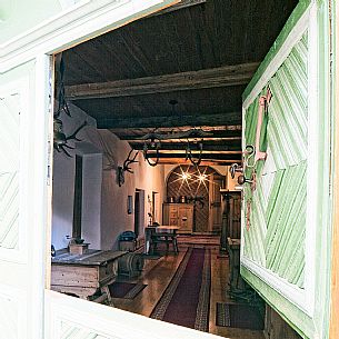 Detail of interior house in Guarda, a tipical village with houses ornated with old painted stone 17th Century buildings, Scuol, Engadine, Canton of Grisons, Switzerland, Europe