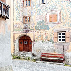 Chasa Clalguna, historic house with frescos representing Adam and Eve in Ardez village, a little village with painted 17th Century houses, Low Engadin, Canton of Grisons, Switzerland, Europe