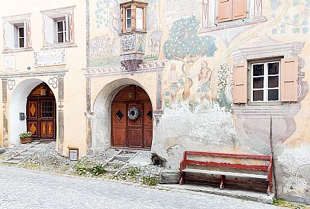 Chasa Clalguna, historic house with frescos representing Adam and Eve in Ardez village, a little village with painted 17th Century houses, Low Engadin, Canton of Grisons, Switzerland, Europe