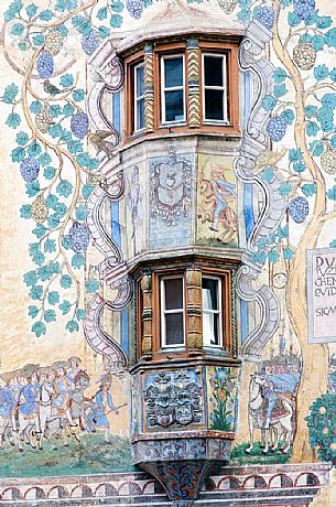 Detail of Chasa Clalguna, historic house with frescos representing Adam and Eve in Ardez village, a little village with painted 17th Century houses, Low Engadin, Canton of Grisons, Switzerland, Europe