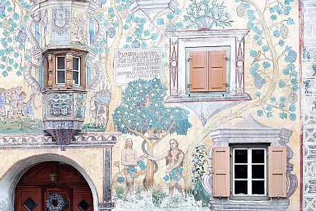 Detail of Chasa Clalguna, historic house with frescos representing Adam and Eve in Ardez village, a little village with painted 17th Century houses, Low Engadin, Canton of Grisons, Switzerland, Europe